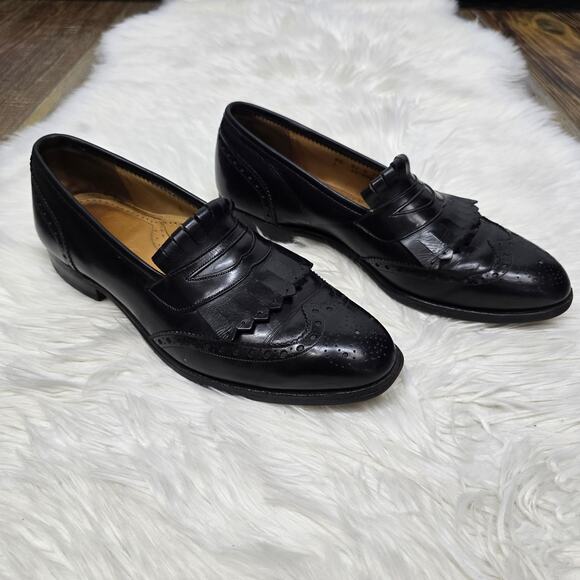 JOHNSTON & MURPHY Aristocraft Kiltie Dress Shoe Loafers 9.5 Black Wingtip Brogue - Picture 2 of 11